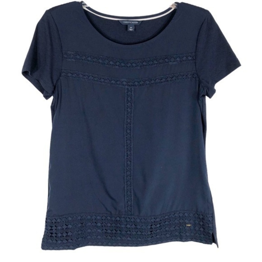 🩷 Tommy Hilfiger Top Navy Blue Tee Crochet Stripes Short Sleeve Crew